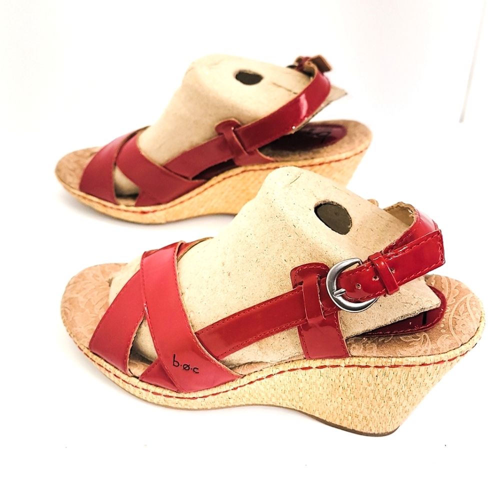 Boc Womens Sz 8 Unique Bold Shiny Red Patent Sling Back Wedge Sandals